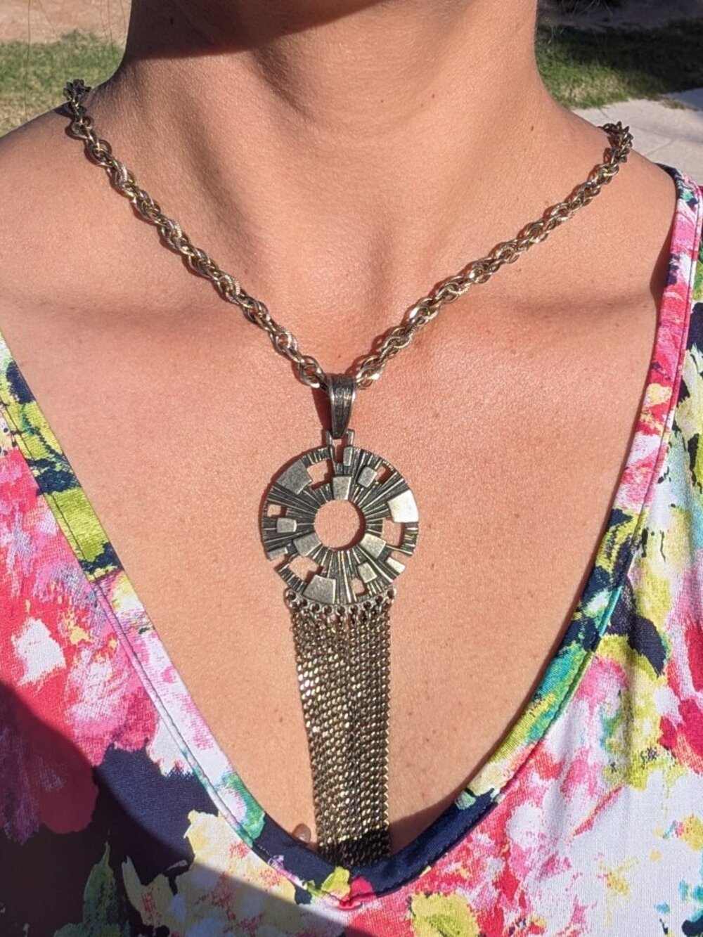 Vtg 1972 Sarah Coventry Necklace Spanish Moss Pewter-tone Atomic Pendant Chains